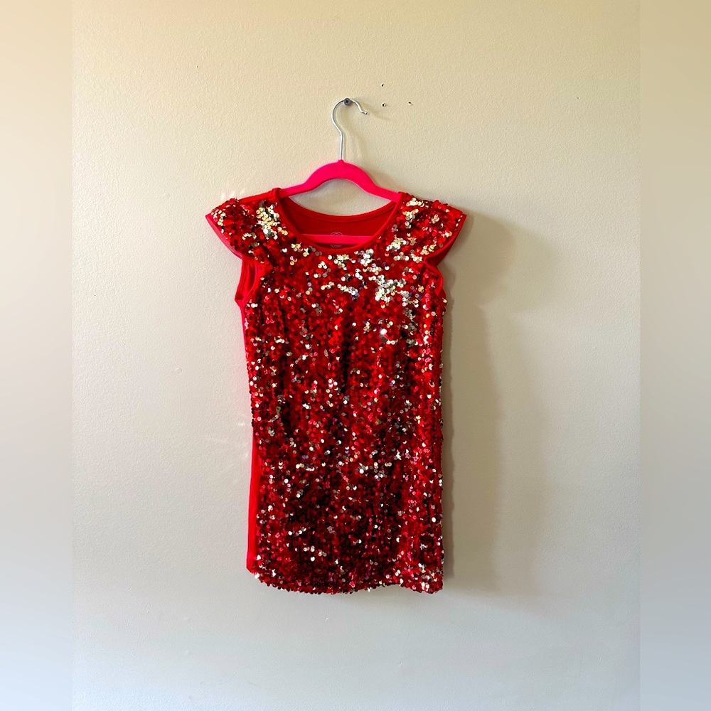 Girls sequin dress red and gold flashy wondernation small 6-6x